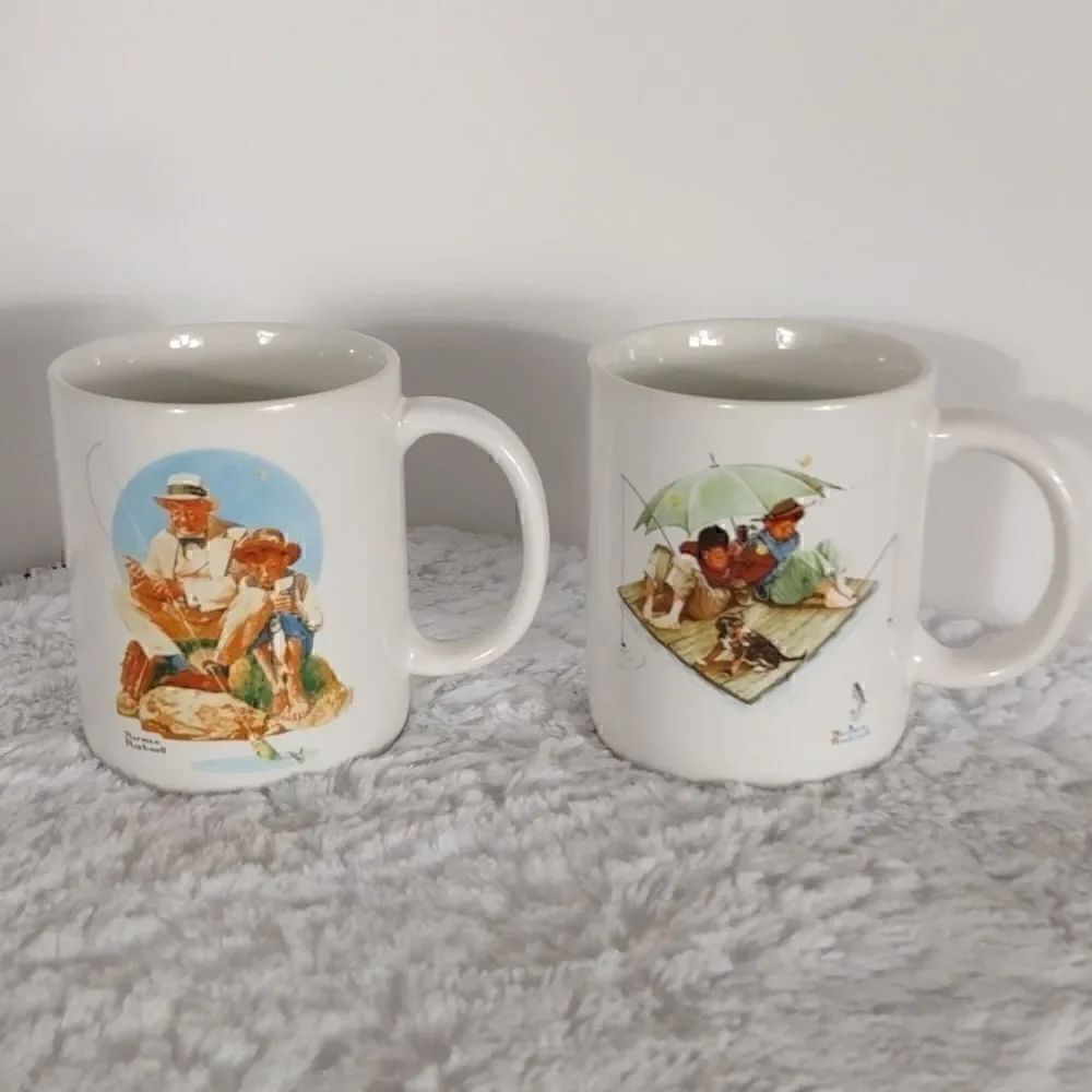 Two Vintage 1987 Norman Rockwell Fishing Mugs